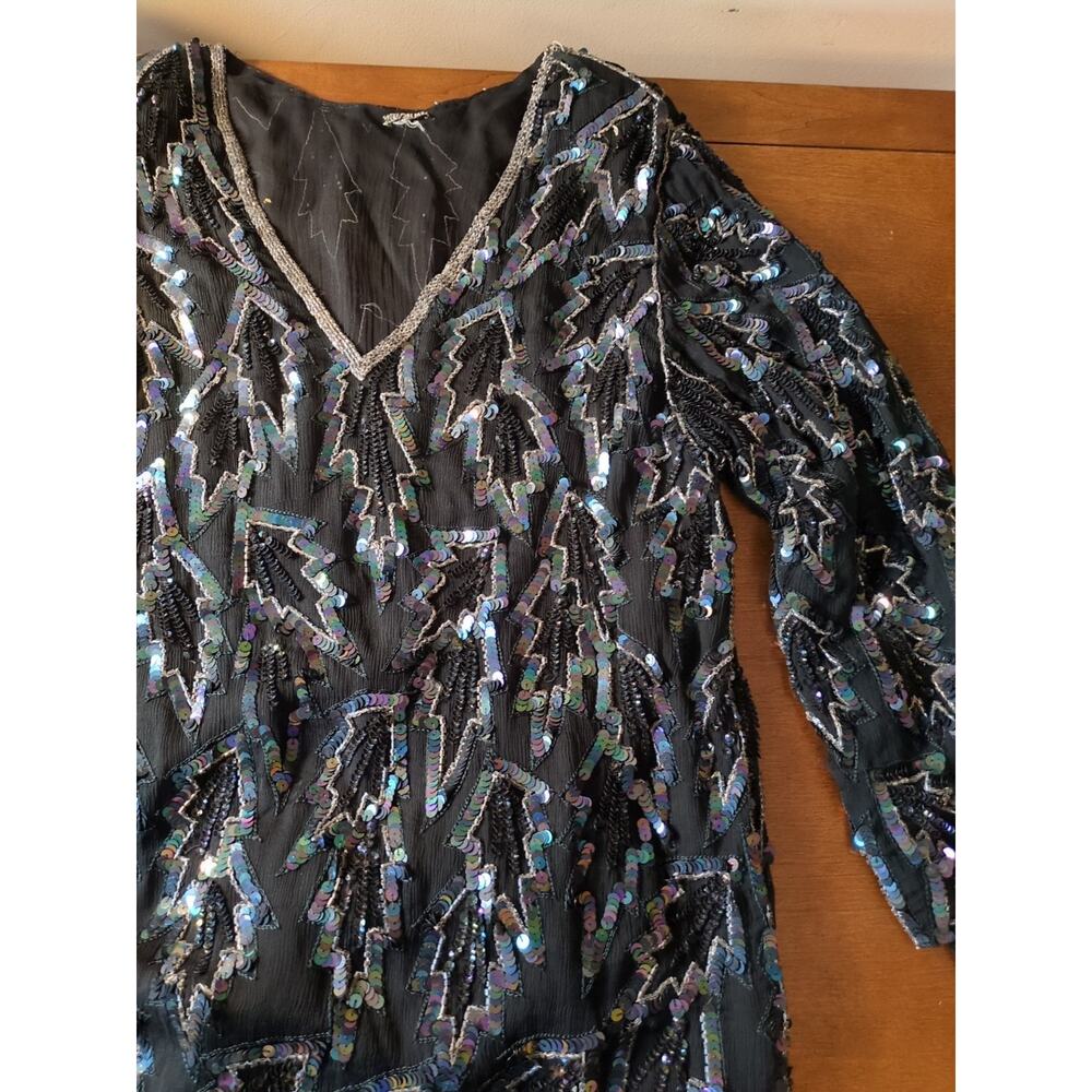 Vintage Sequin Dress Silk Beaded Large Black Long Sleeve Evening Gown Bob Mackie